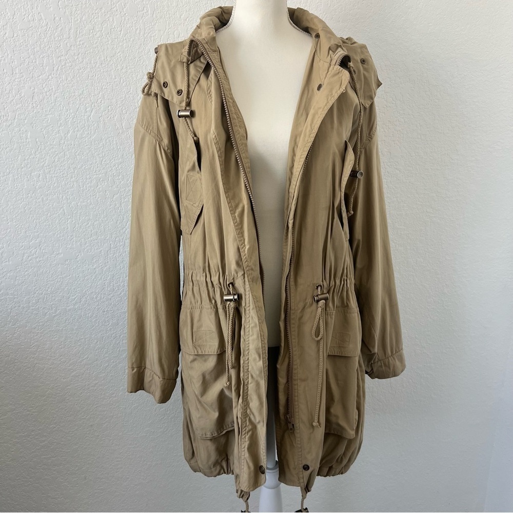 Vintage 80s/90s DKNY Khaki‎ Tan Hooded Coat Size Small - Picture 3 of 9